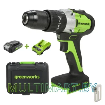 Ударная дрель-шуруповерт Greenworks GD24DD60K2 3704107UA (с 1-им АКБ 2 Ач, кейс)